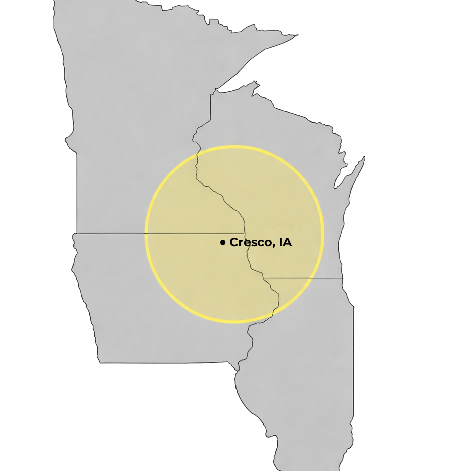Map of Iowa with a yellow circle around Cresco, IA